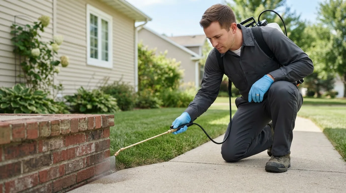 Pest control technician treating a home near Galena, OH