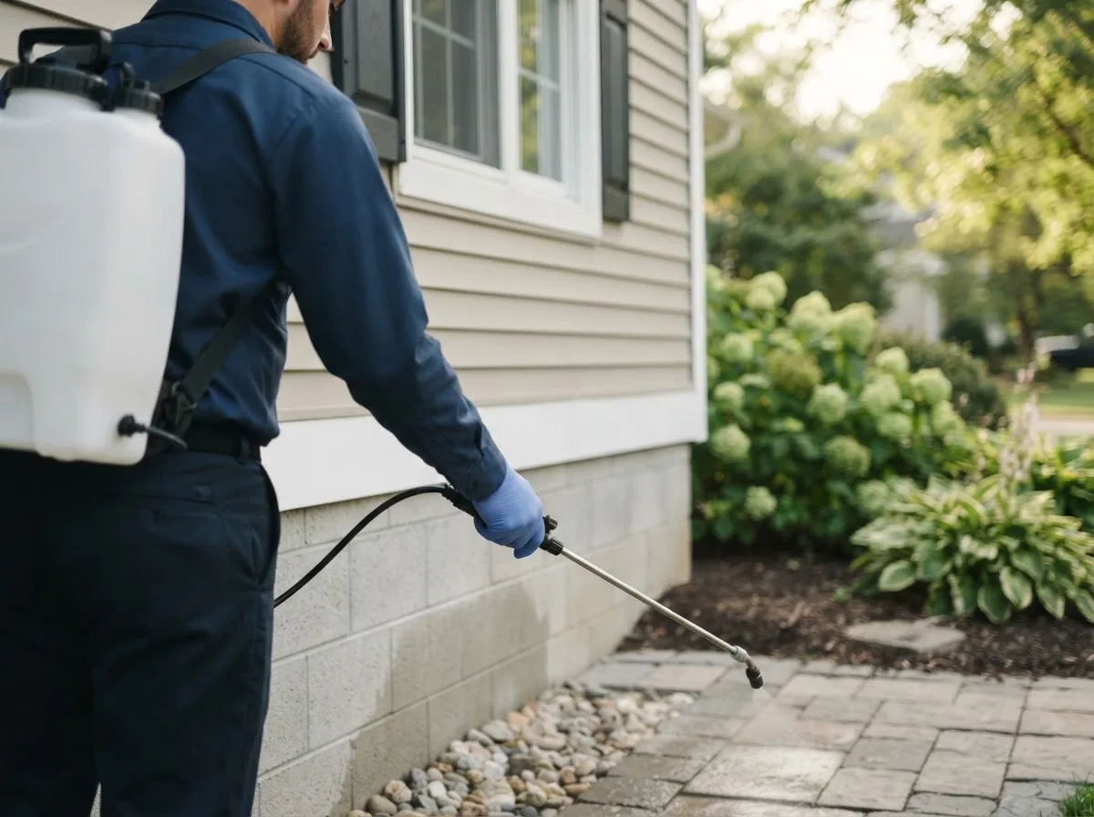 Pest control technician inspecting a home in Galena, OH